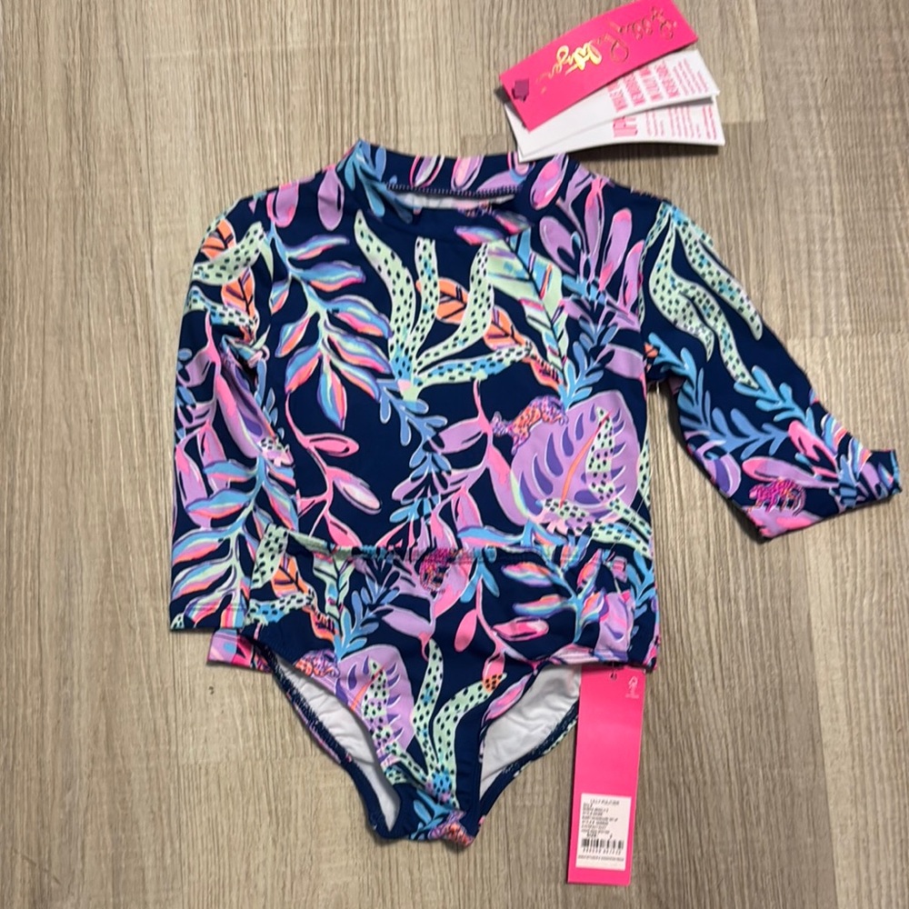 Lilly Pulitzer Girls Tropical Long Sleeve Rashguard in Navy and Pink - size 2T
